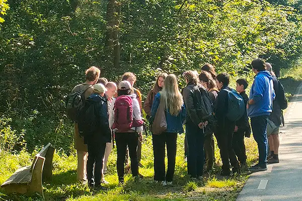 Group of walkers listening on a sunny forest path